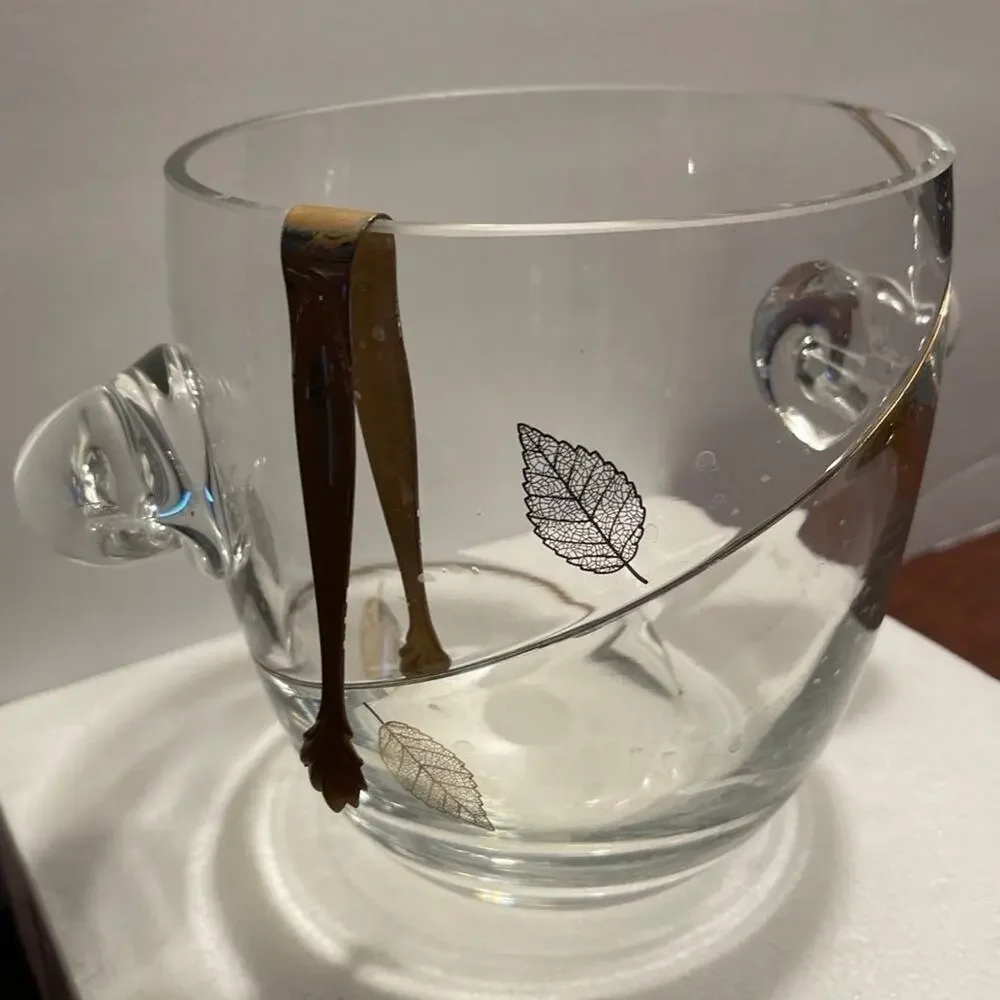 Vintage Crystal glass ice bucket gold Leaf design cocktail party